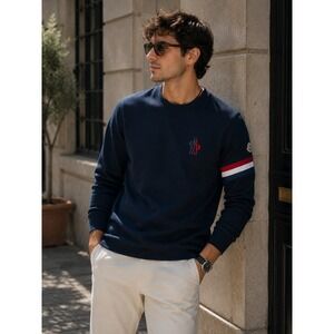Moncler Mens Sweatshirt Small Navy Tricolor Stripe Logo Luxury NEW